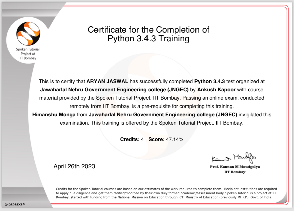 Spoken Tutorial Certificate
